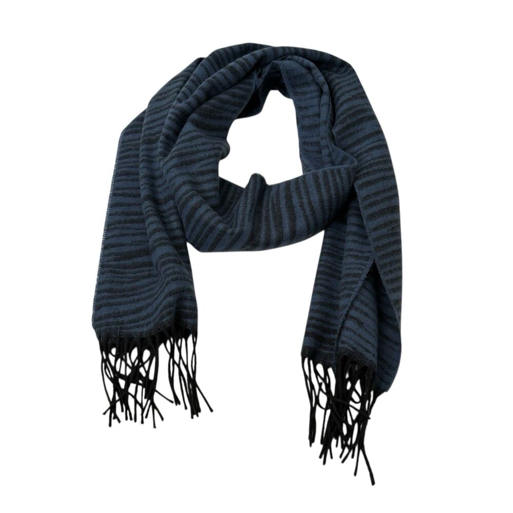 Scotland 100% Cashmere Scottish Wool Blue Black Striped Fringe Scarf 69"x 12"
